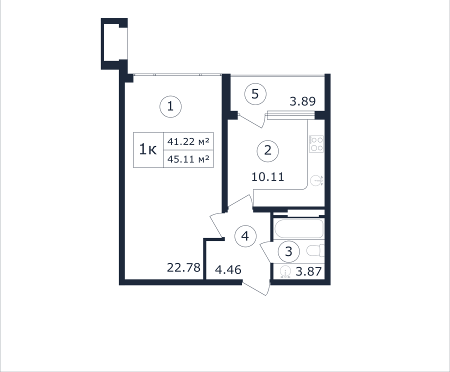 Планировка: Одна комната · 45,11 м²