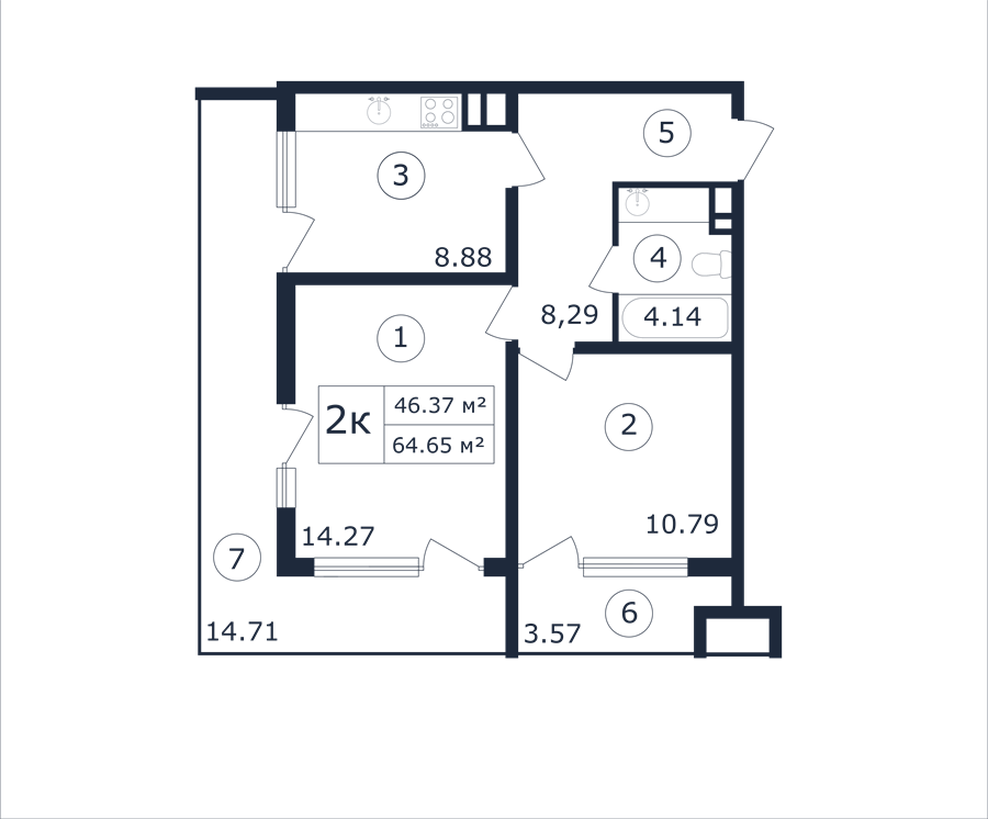 Планировка: Две комнаты · 64,65 м²